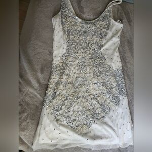 Adrianna Papell Ivory & Silver Beaded Mini Cocktail Dress Party SZ 12